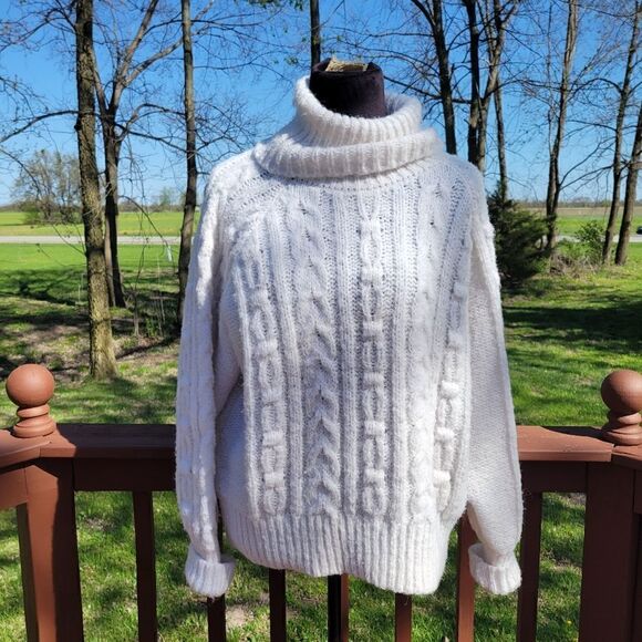 a new day Sweaters - A New Day Ladies White Cable  Knit Pullover Oversized Turtleneck Sweater,  sz XL